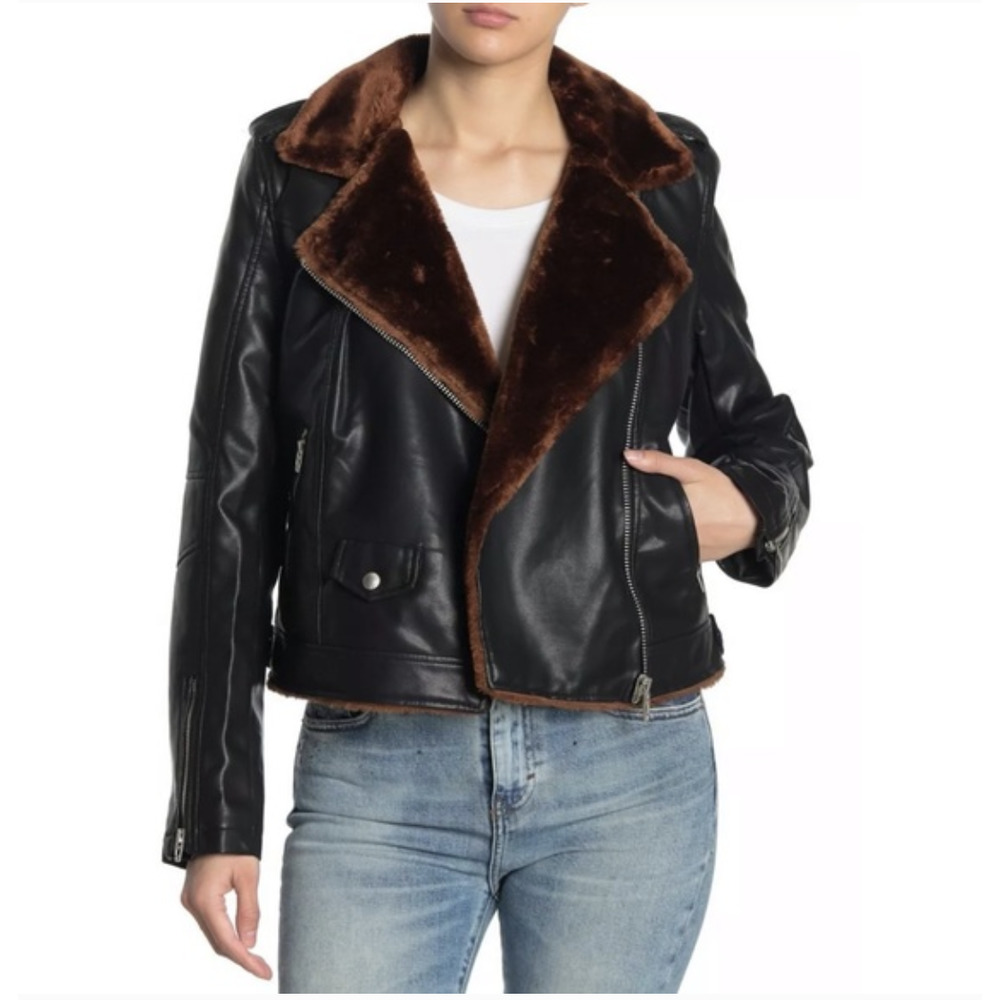 BLANKNYC Faux Fur Lined Faux Leather Moto Jacket Black Brown Size XS